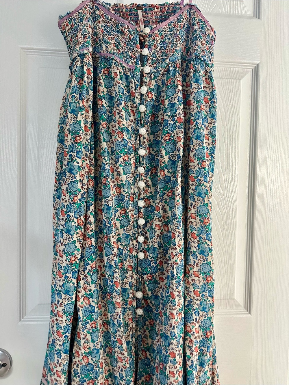Free People Teal and Pink Floral Midi Dress with Button Front - Picture 2 of 13